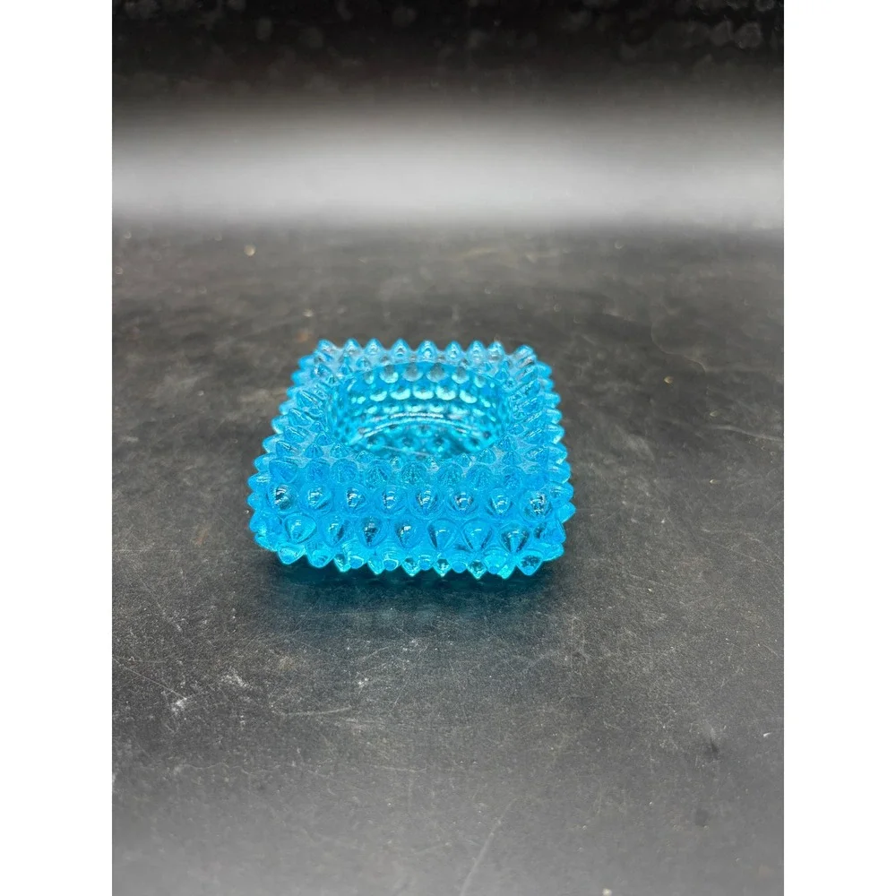 Blue Hobnail Glass Candle Holder Square‎ Turquoise Trinket Dish Vintage Style
